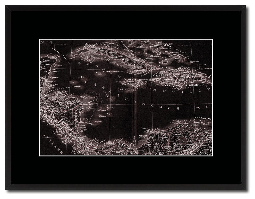 Caribbean Cuba Jamaica Old Vivid Sepia Map Print On Canvas With Frame, 16" X 21"