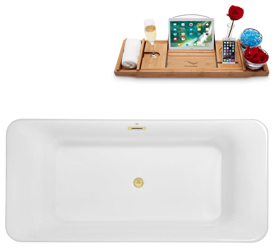 63" Streamline Bathtub and Tray With Drain, Polished Brass