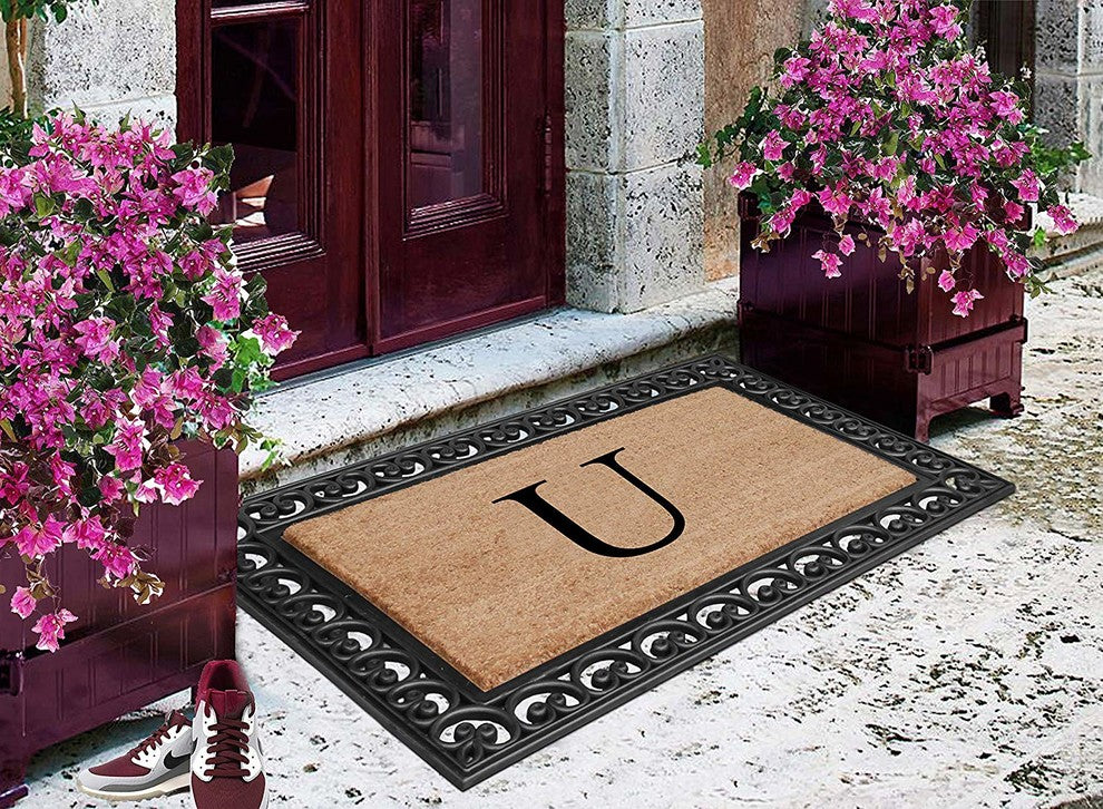 A1HC Black Rubber and Coir Paisley Border Monogrammed Double Doormat, 30"X48", U