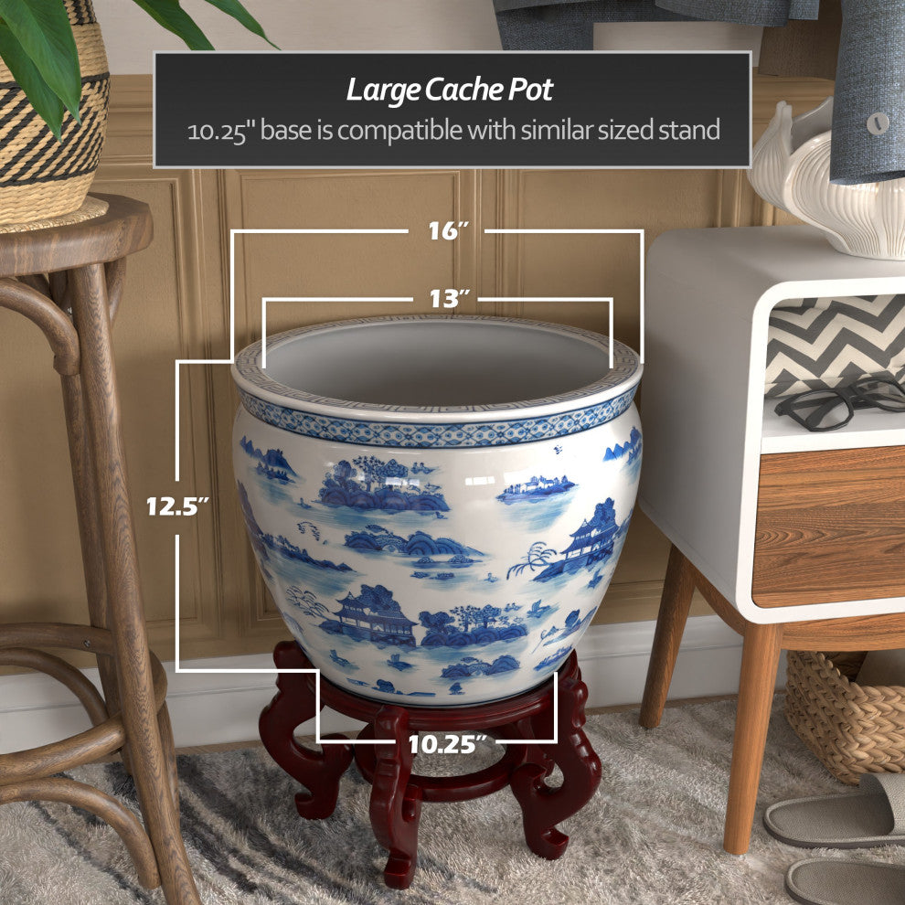 16" Landscape Blue and White Porcelain Fishbowl