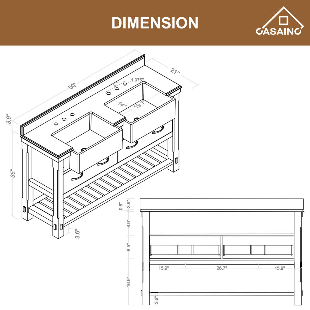 Freestanding Bath Vanity in White with White Quartz Top, 60in