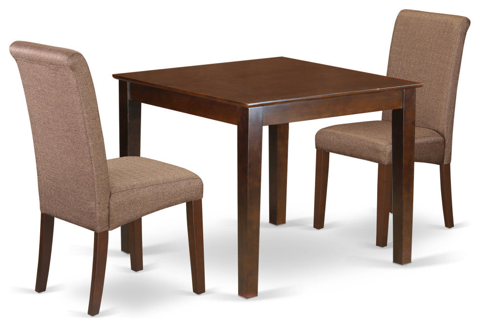 3Pc Square Table With Linen Brown Fabric Parson Chairs With Mahogany Chair Legs