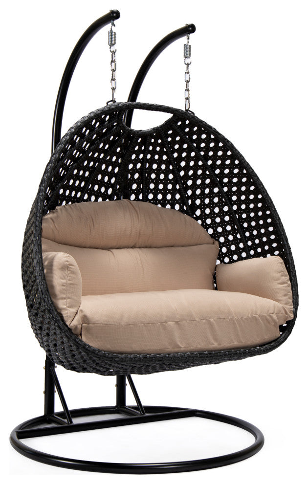 LeisureMod Mendoza Charcoal Wicker Hanging Double Egg Swing Chair, Beige