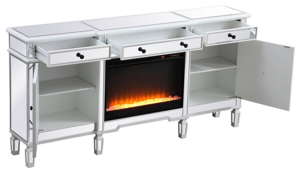 Elegant Decor MF61072AW-F2 Mirrored Credenza With Crystal Fireplace