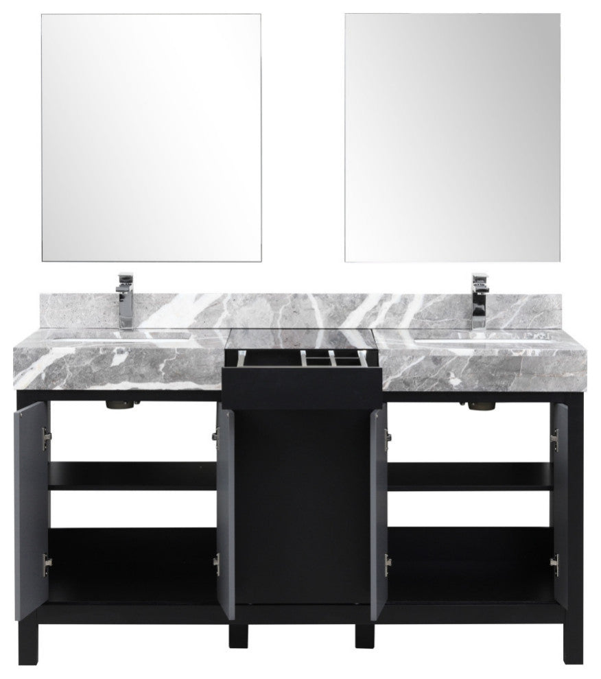 60" Double Vanity, Marble Tops, Square Sinks, Faucet Set,&28" Frameless Mirrors