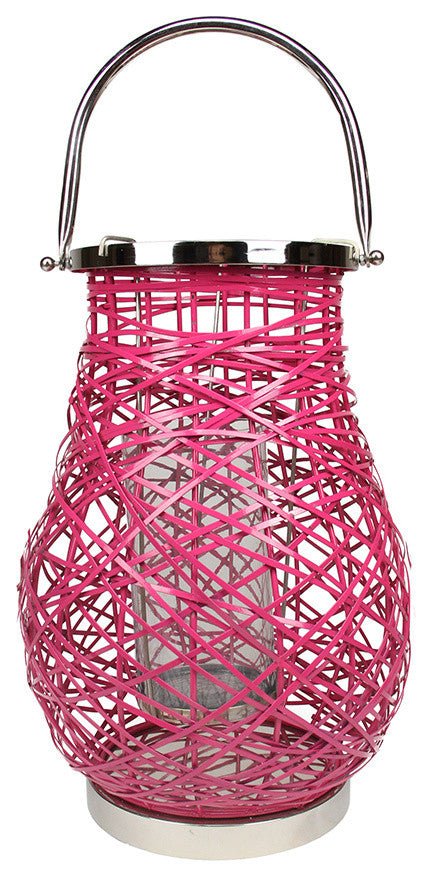 13.5" Modern Fuschia Pink Woven Iron Pillar Candle Lantern with Glass Hurricane