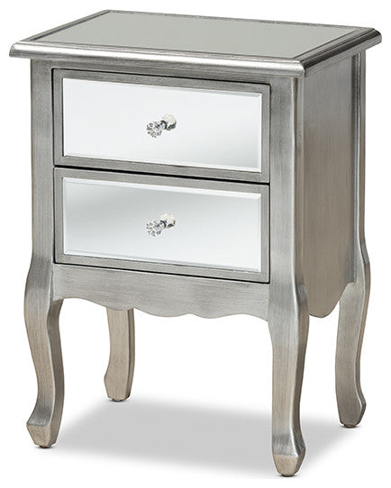 French Brushed Silver Finished Wood and Mirrored Glass 2-Drawer Nightstand