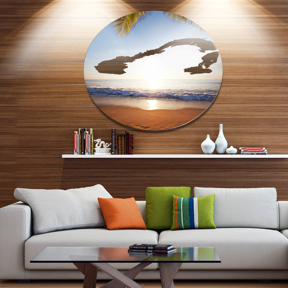 Deserted Beach With Palm Leaves, Seashore Round Wall Art, 11"