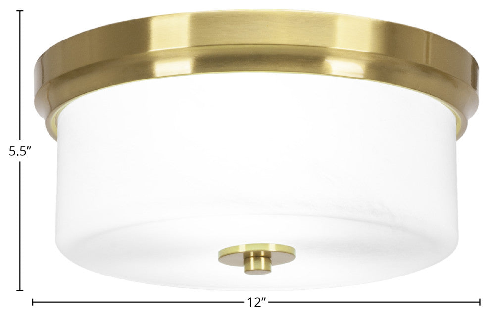 12" 2-Light Flush Mount Light, New Age Brass, White Marble Glass