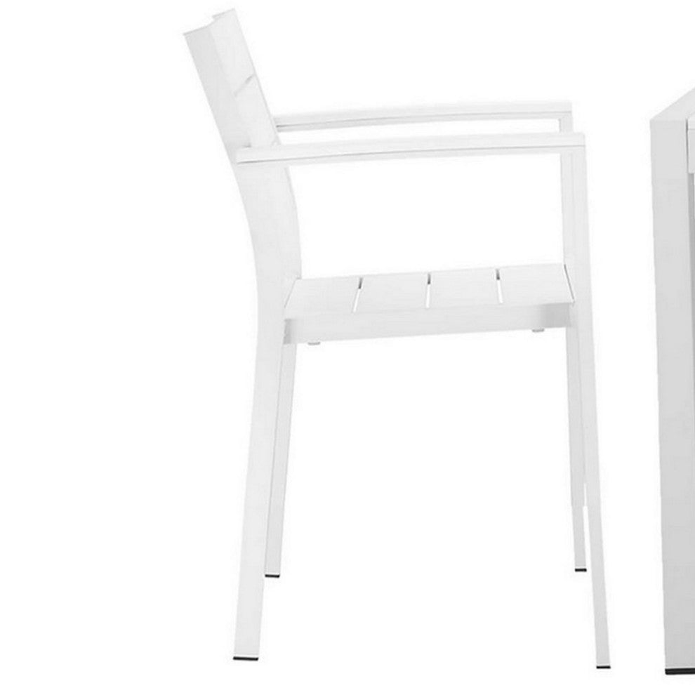 Benzara BM287839 Outdoor Dining Table, Chairs Set, White, Plank Seat and Backs