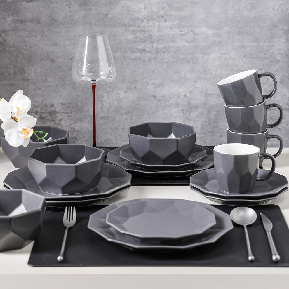 Stone Lain Jamie Porcelain 16 Piece Dinnerware Set, Grey