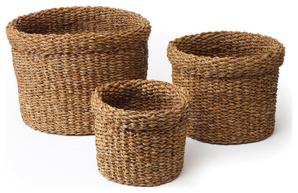 Seagrass Round Baskets With Cuffs, Set of 3