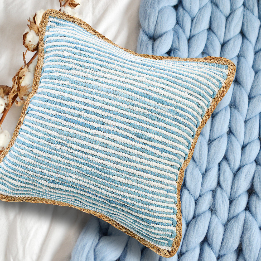 Ox Bay Handwoven Blue/Braided Jute Bordered Cotton Blend Pillow Cover, 20"x20"