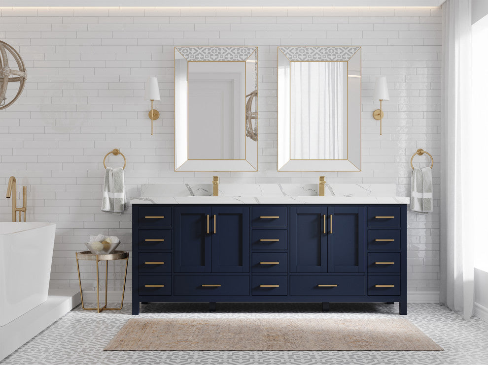 Willow Collections Malibu Vanity, Navy Blue, Calacatta Quartz, 84"