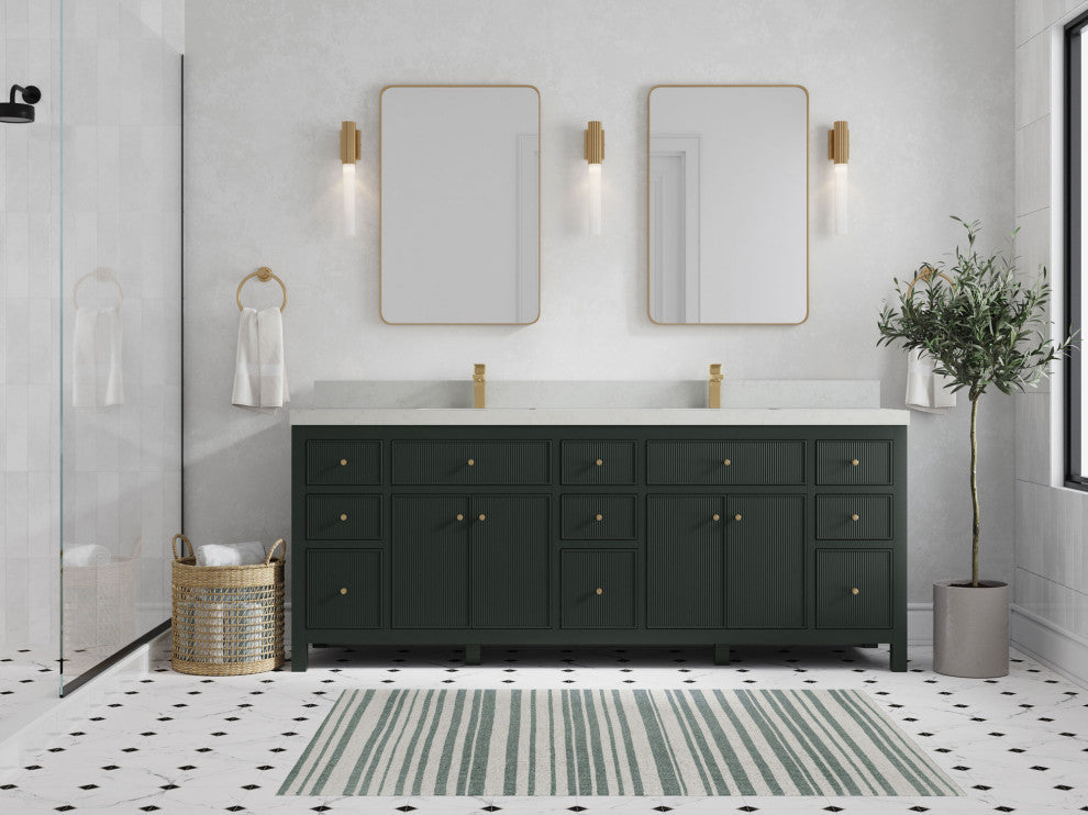 Sonoma 84 Double Sink Reeded Bath Vanity in Dark Forest Green 2" Carrara Quartz
