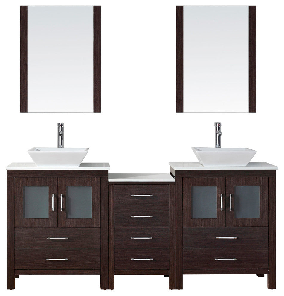 74" Double Bathroom Vanity, Espresso, White Stone, Brushed Nickel