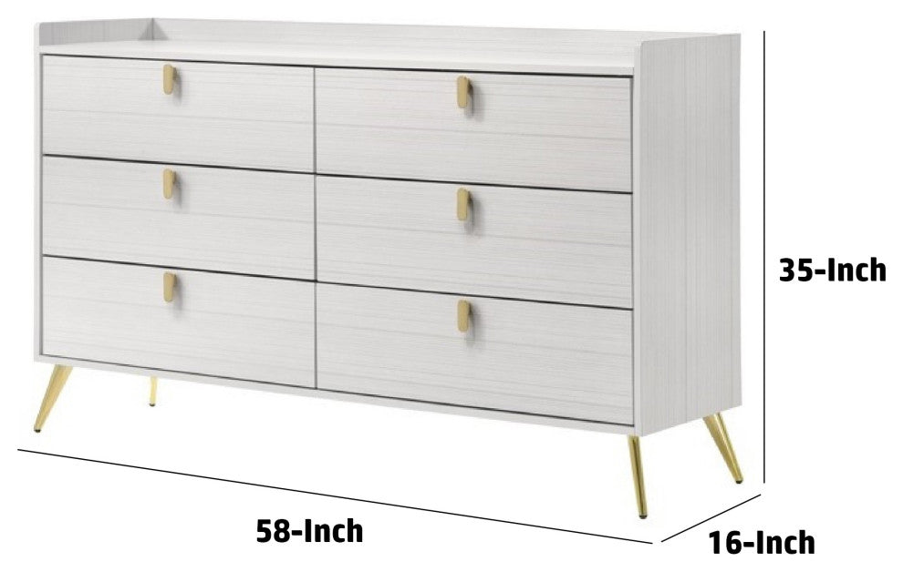 Benzara BM275715 Modern Wood Dresser With 6 Drawers, Metal Handles, White/Gold