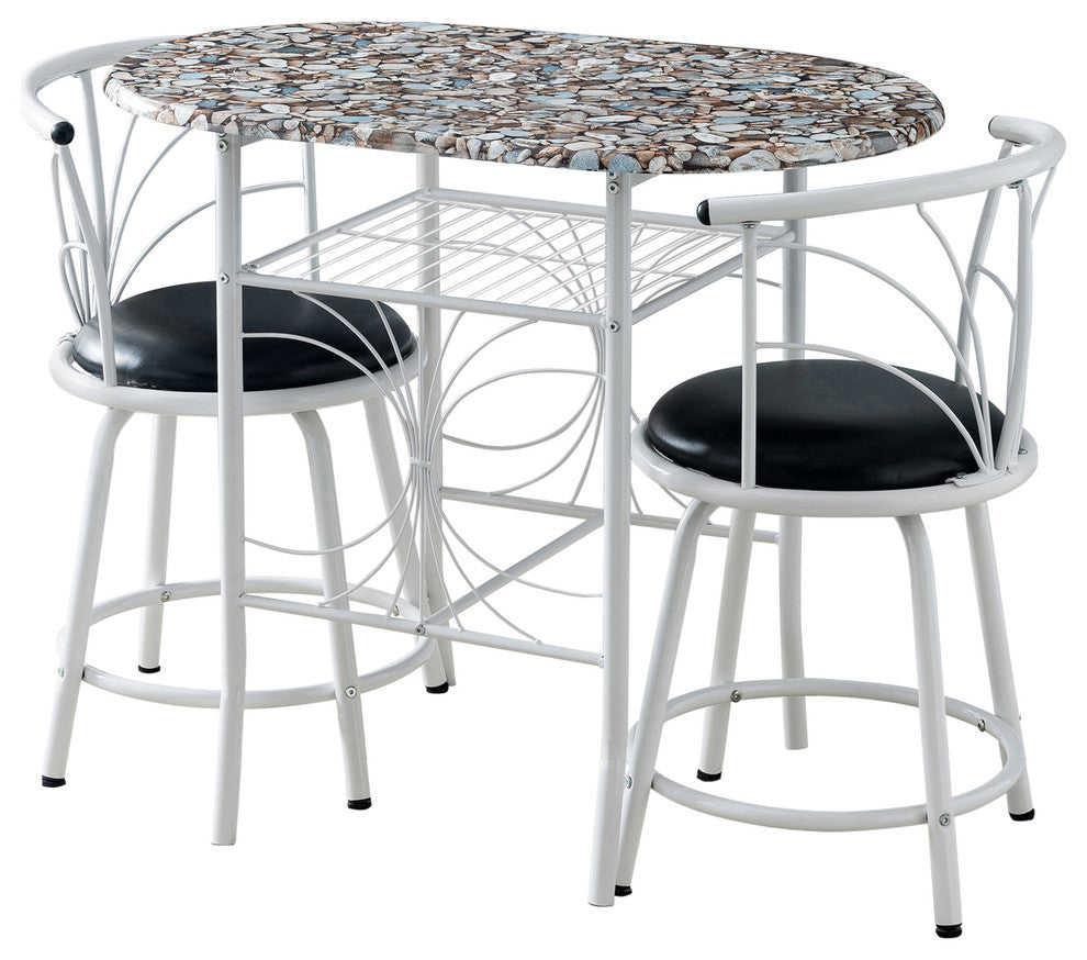 Spiky 3 Piece Black Metal With Cobblestone Wood Top Dinette Pub Set, White