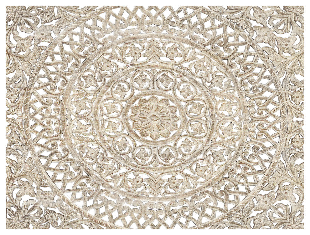 Milano Floral Carved Solid Wood Queen Panel Bed, Gray, King