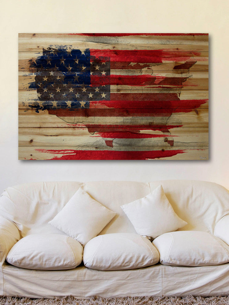 "American Map" Painting Print on Natural Pine Wood, 60"x40"