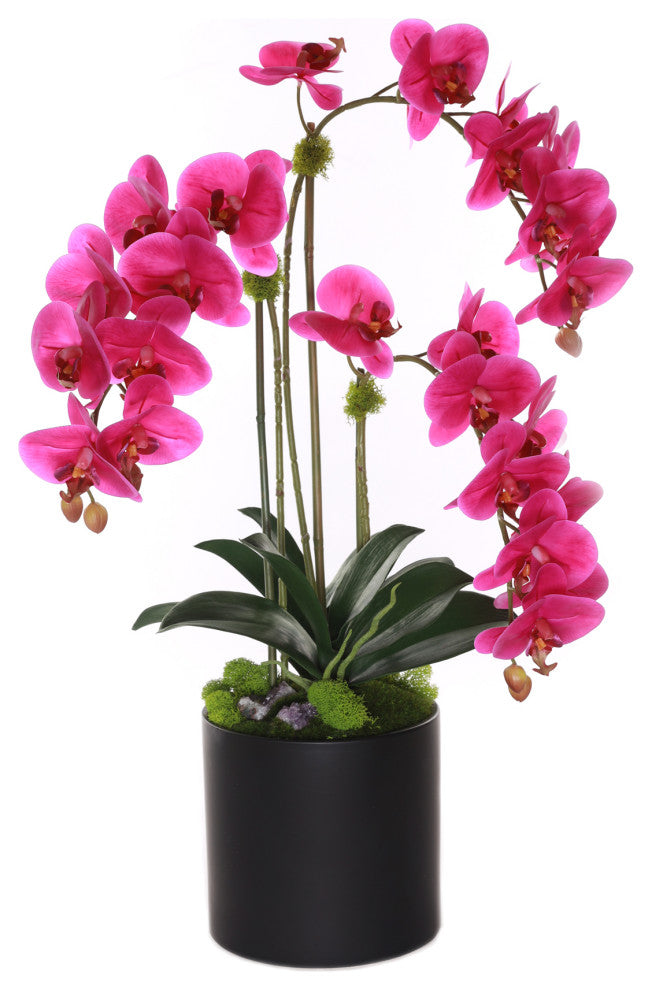 Purple Real Touch Orchid With Amethyst, Black Cylinder Pot