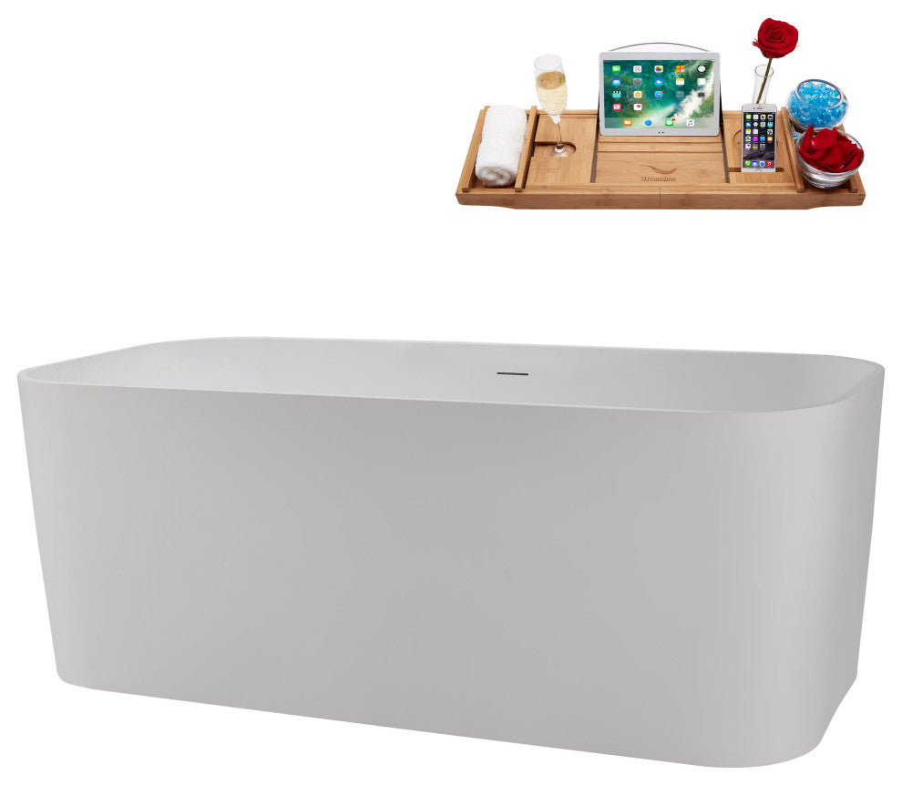 59" Streamline NS5780CH Matte White Stone Resin Bathtub, Tray With Chrome Drain