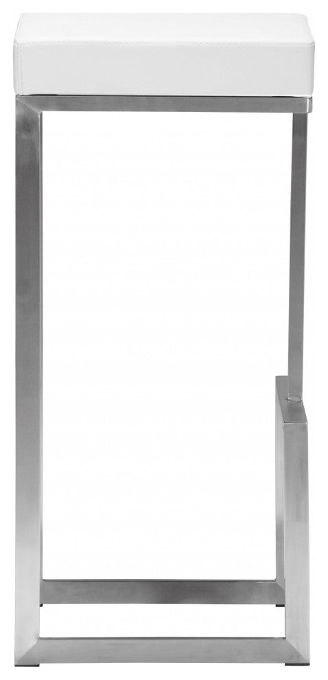 Set of Two White Faux Leather and Stainless Geometric Backless Barstools