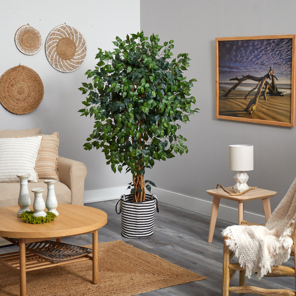 5.5' Palace Ficus Artificial Tree in Handmade Black & White Jute Cotton Planter