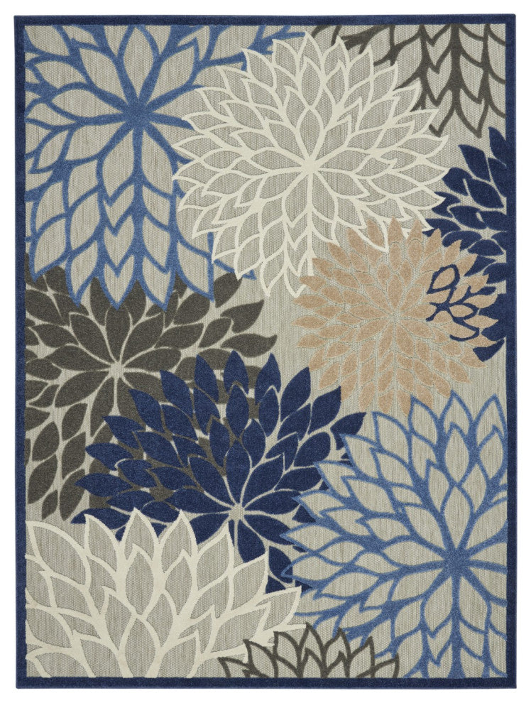 8' X 11' Blue And Gray Floral Indoor Outdoor Area Rug