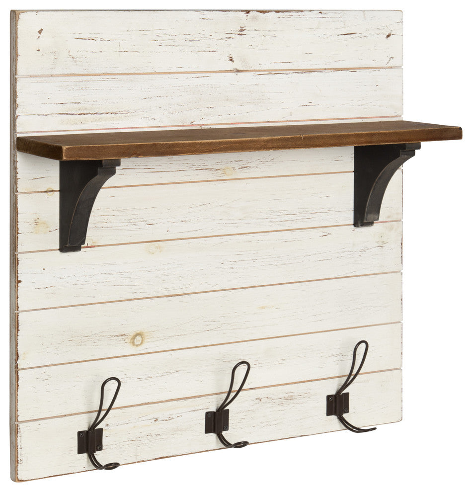 Kate and Laurel Jeran Wood Wall Shelf With 3 Hooks, White