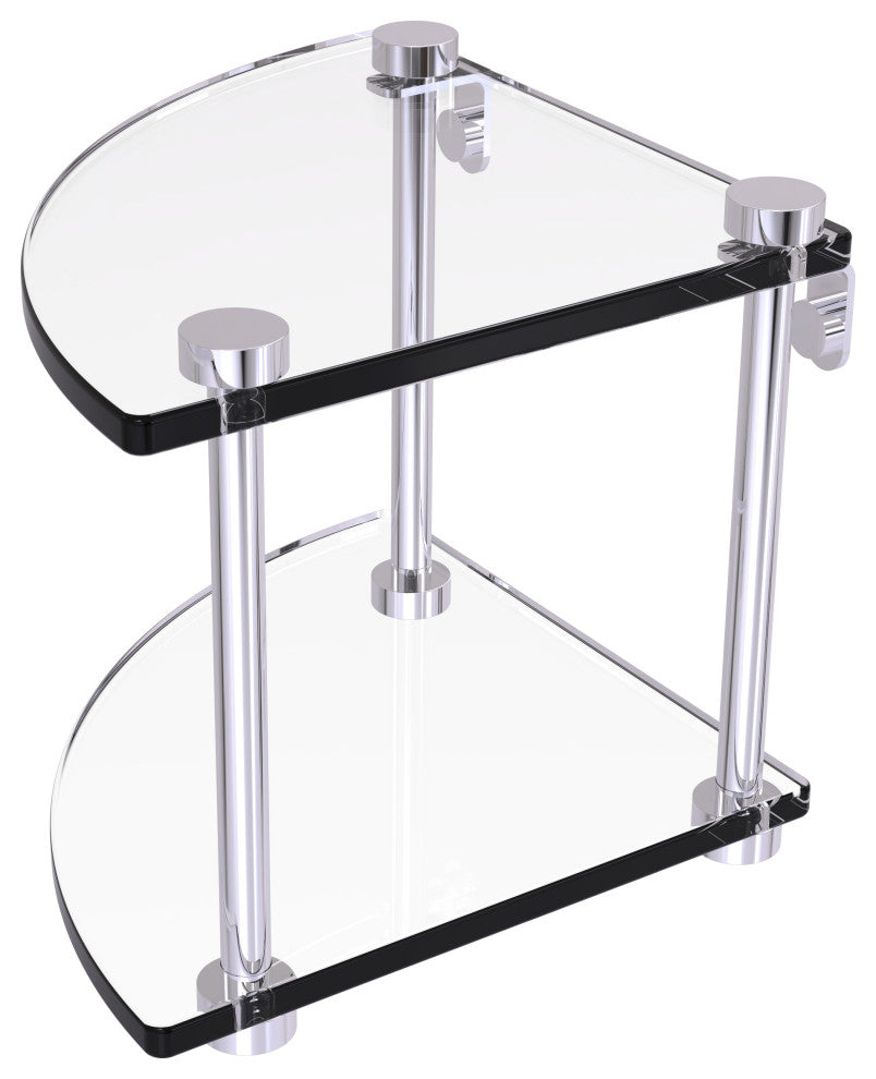 Two Tier Corner Glass Shelf, Polished Chrome