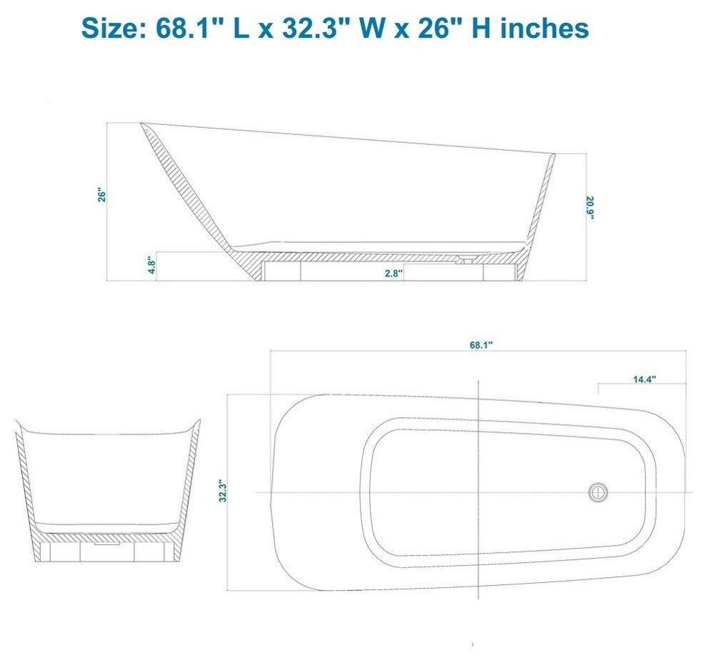 ADM Rectangular Freestanding Bathtub, Matte White, 68.1"