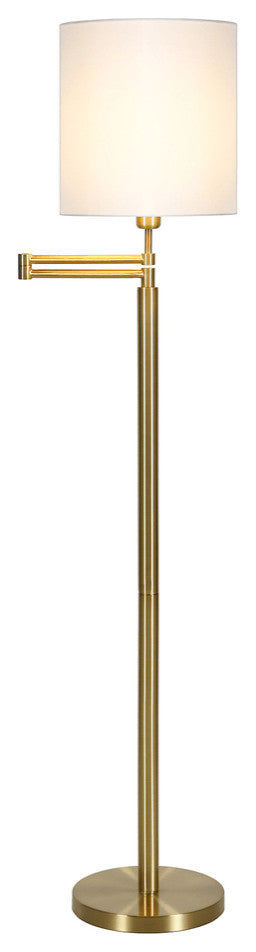 62" Brass Swing Arm Floor Lamp With White Frosted Glass Drum Shade