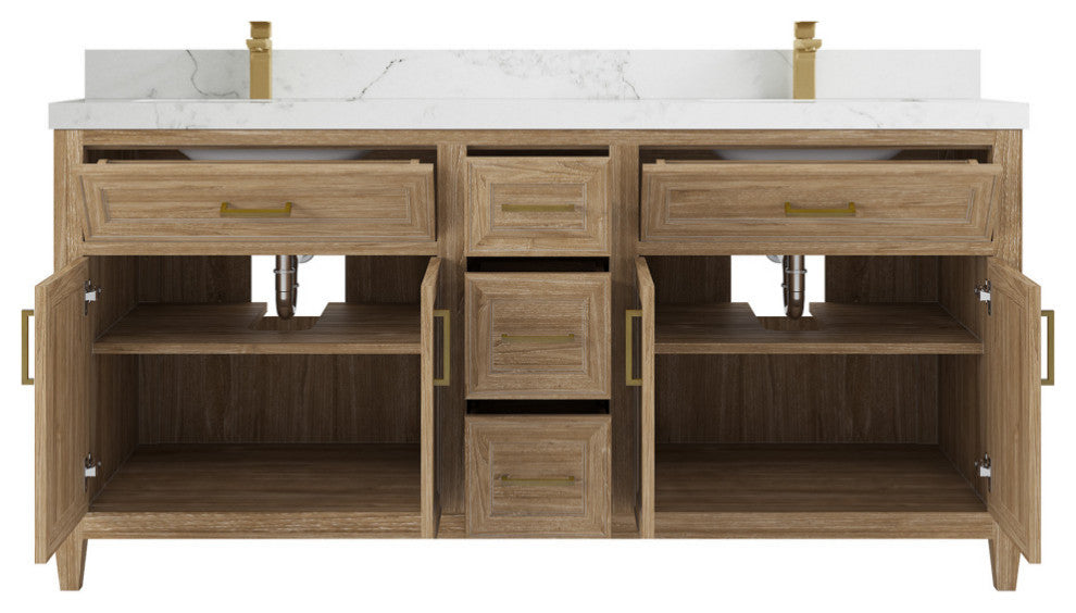 Santa Monica 72 Double Sink Bath Vanity in Whitewashed Teak 2" Calacatta Nuvo
