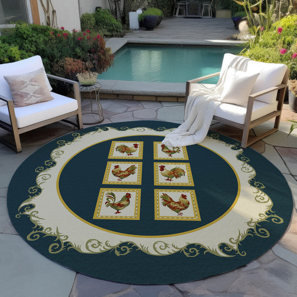 Indoor/Outdoor Kendall KE4 Black Machine Washable 8' x 8' Round Rug