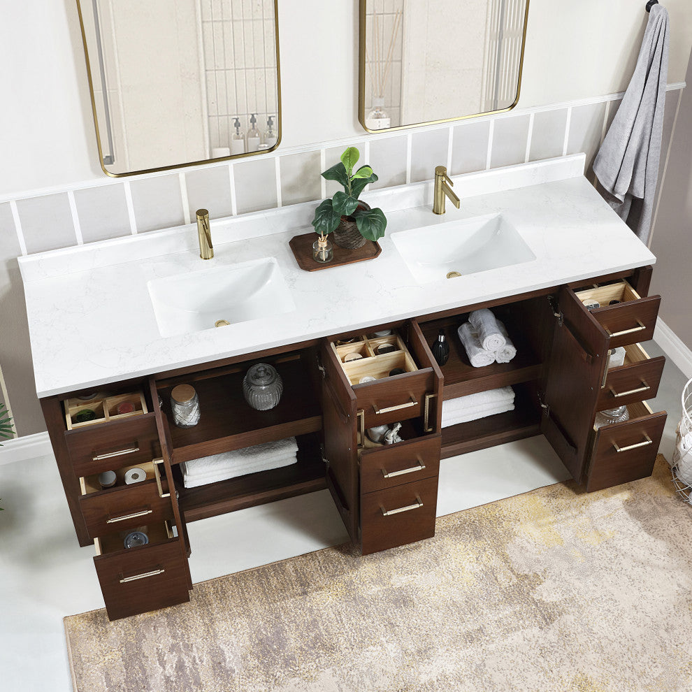 San Bath Vanity with Stone Top, Natural Walnut, 84", Double Vanity, No Mirror