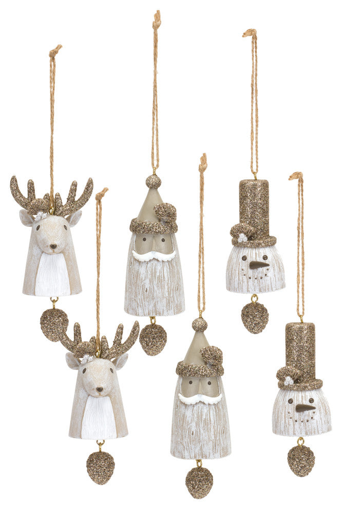 Santa/Snowman/Deer Bell Ornament, 6-Piece Set