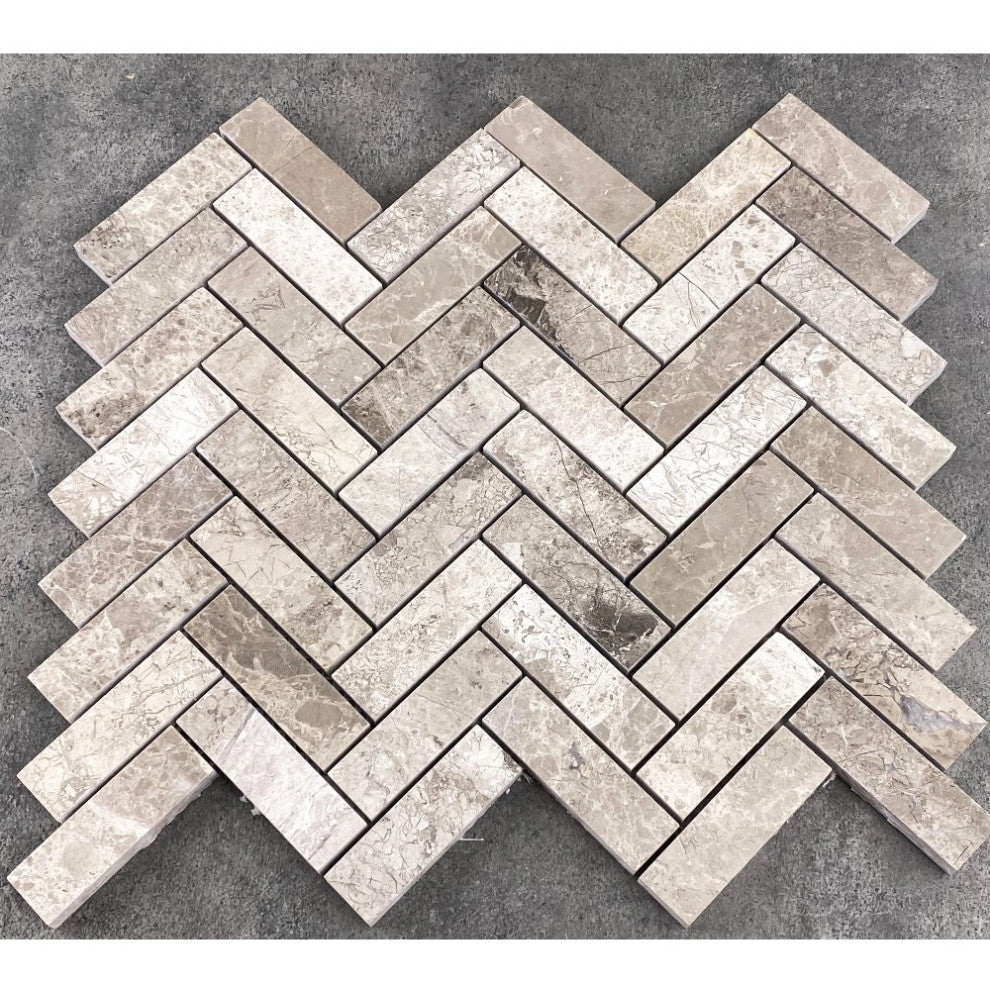 Silver Shadow Marble 1"x3" Herringbone on 12"x12" Mosaic Tile (10 sqft per box)