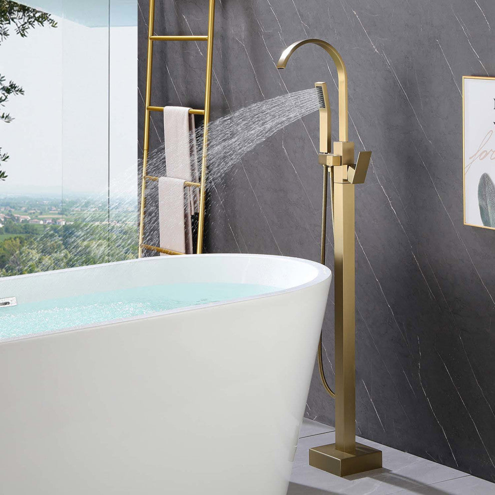 Givingtree Free Standing Single Handle Bathtub Faucet, Matte Black, Gold