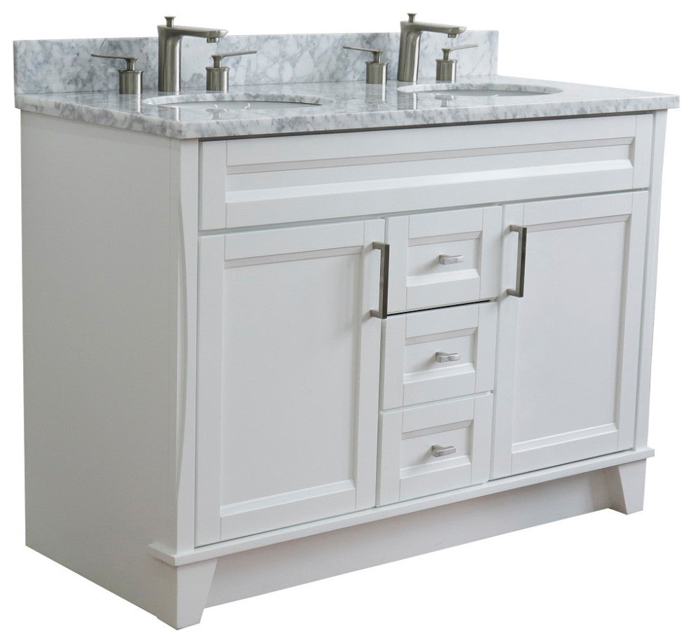48" Double Sink Vanity, White Finish With White Carrara Marble And Ova