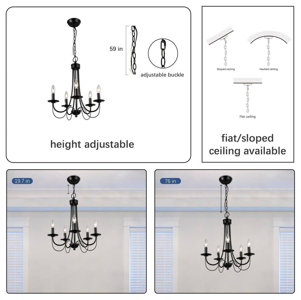 LNC 5-Light Modern Matte Metal Candle-Style Chandelier, Black