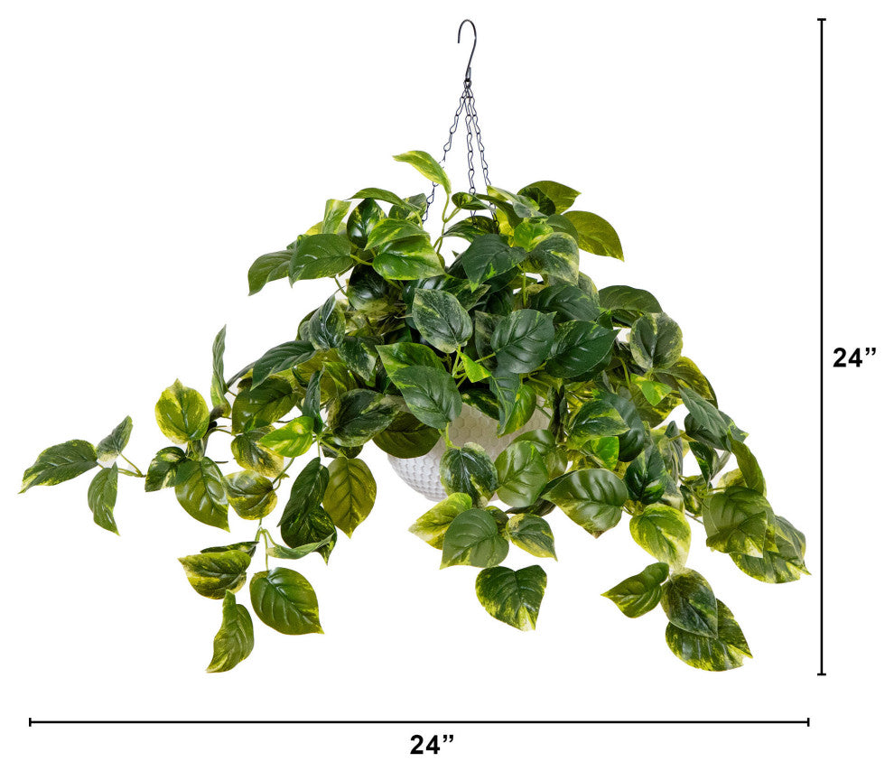24in. Prelit UV Resistant Artificial Pothos, White Hanging Basket