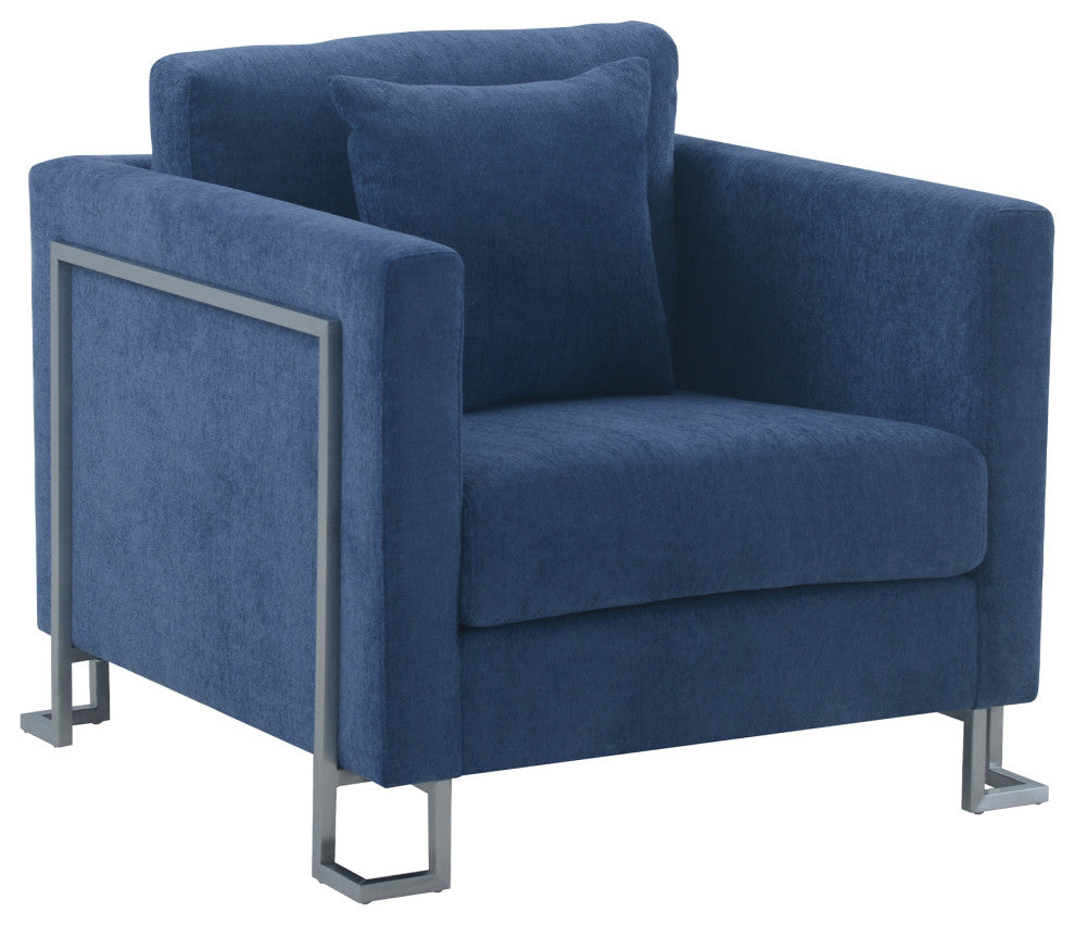 Heritage Blue Fabric Upholstered Accent Chair with Brushed Stainless Steel Legs