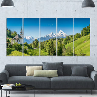 Green Mountain View of Bavarian Alps, Landscape Canvas Print, 60"x28", 5 Panels