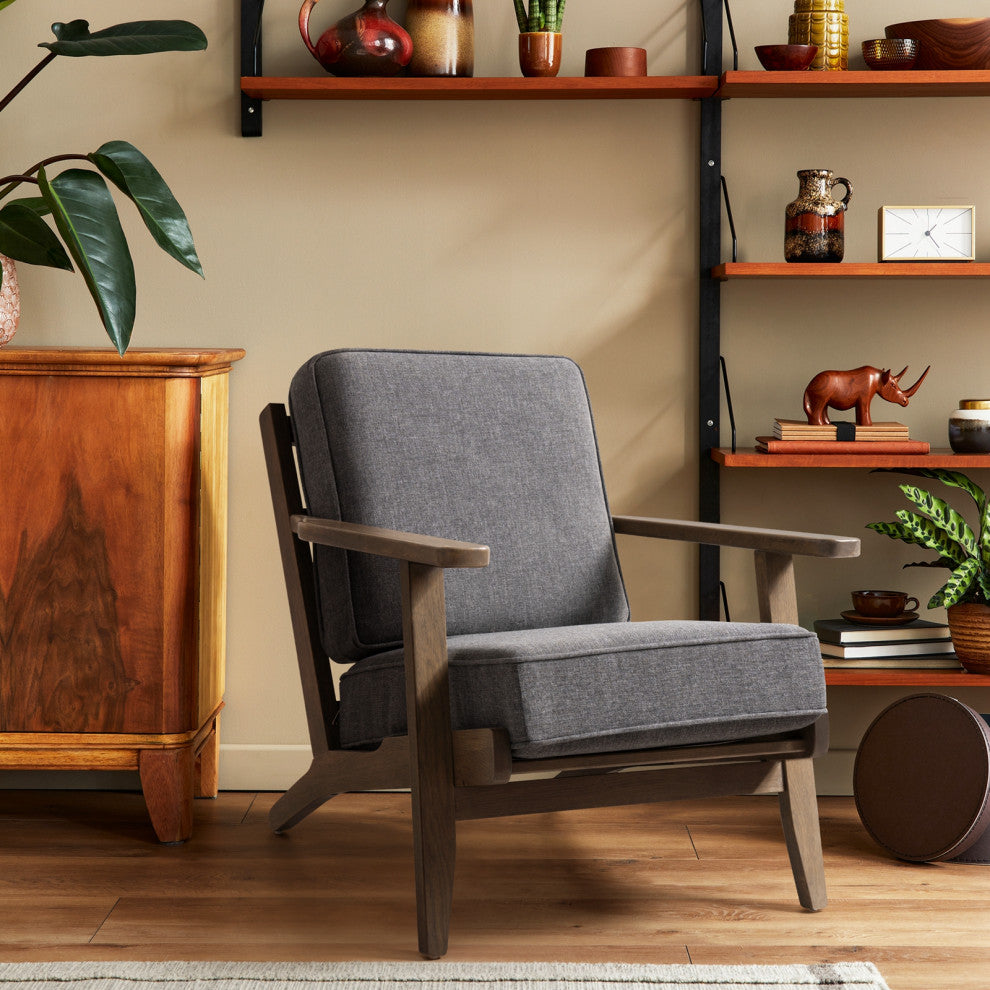 Oak Upholstered Accent Chair Fabric Armchair Home Office, Dark Gray