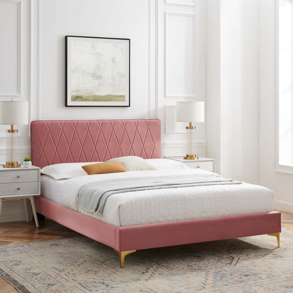 Platform Bed Frame, Queen Size, Velvet, Pink, Modern Contemporary, Bedroom