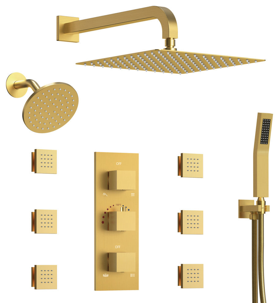 Dual Heads 12" Rain Shower System With 3 Way Thermostatic Faucet,Body Jets, Brushed Gold
