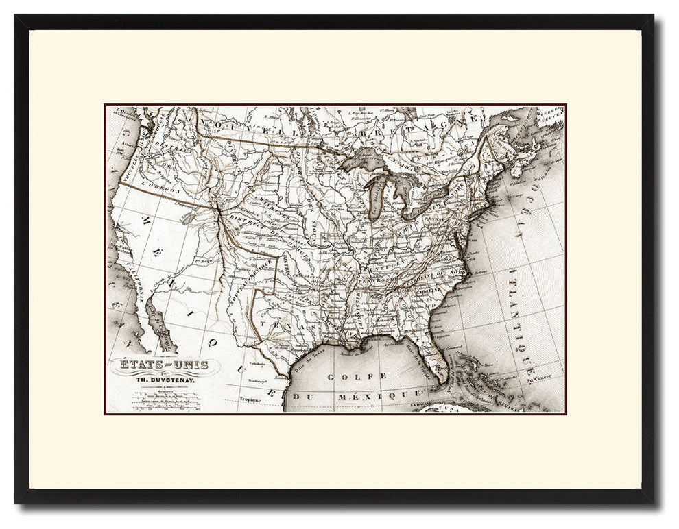 United States Old Sepia Map Print On Canvas With Black Custom Frame, 16" X 21"