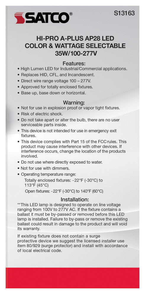 35W, A-Plus 28, LED, CCT Selectable andWage Selectable, Extended Mogul Base