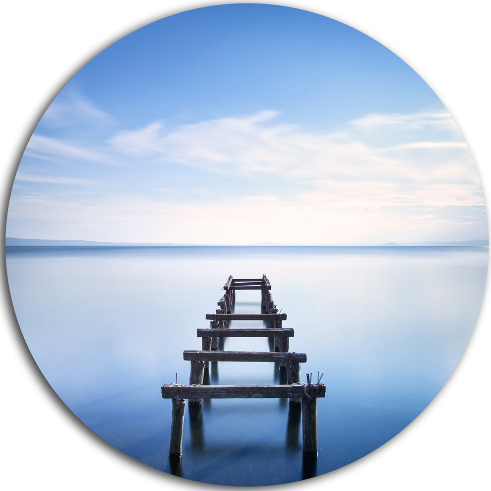 Jetty Remains In Blue Lake, Seascape Photo Round Metal Wall Art, 11"